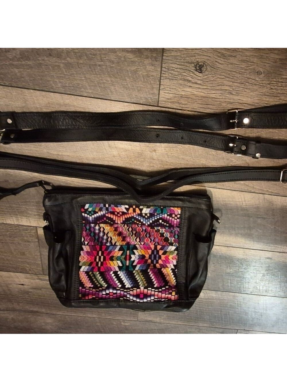 Colorful Patterned Black Leather Women's Bag - Picture 3 of 15